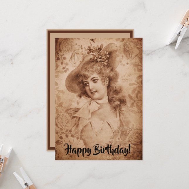 Victorian Woman in Hat Flowers Sepia Monochrome Card (Front/Back In Situ)
