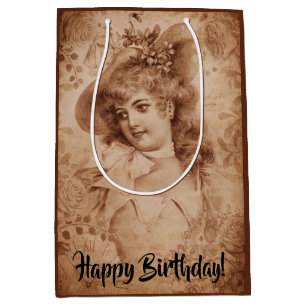 Victorian Woman in Hat Flowers Sepia Monochrome Medium Gift Bag