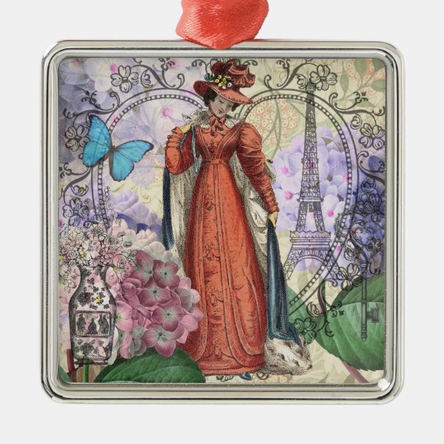 Victorian Woman in Red Colourful Fashion Metal Tree Decoration (Front)