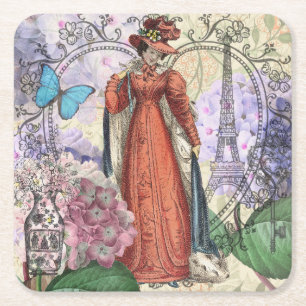 Victorian Woman in Red Colourful Fashion Square Paper Coaster