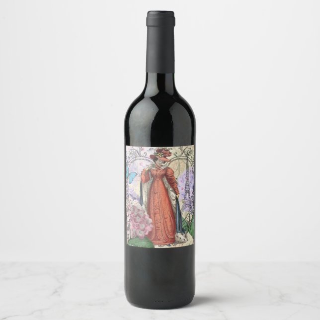 Victorian Woman in Red Colourful Fashion Wine Label (Front)