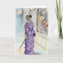 Victorian Woman in Vintage Purple Dress Shopping