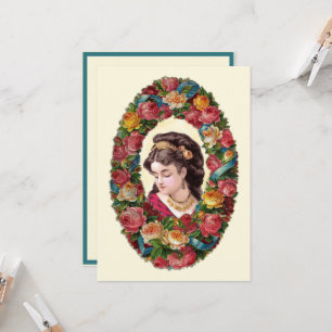 Victorian Woman Inside Multicolor Rose Wreath Card
