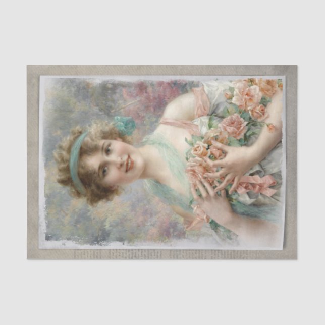 Victorian Woman Multicolor Background Pink Roses Tissue Paper (Front)