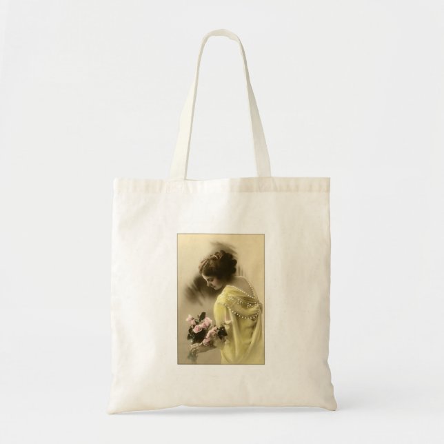 Victorian woman pink roses, romantic tote bag (Front)