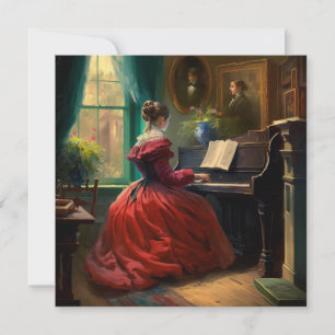 Victorian woman playing the piano, oil painting card