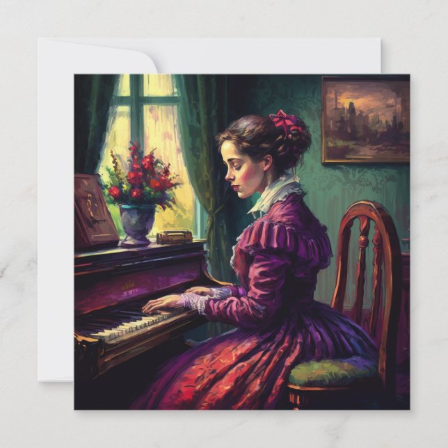 Victorian woman playing the piano, oil painting invitation (Front)