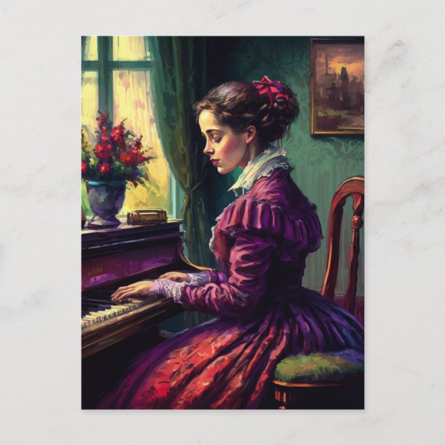 Victorian woman playing the piano, oil painting postcard (Front)