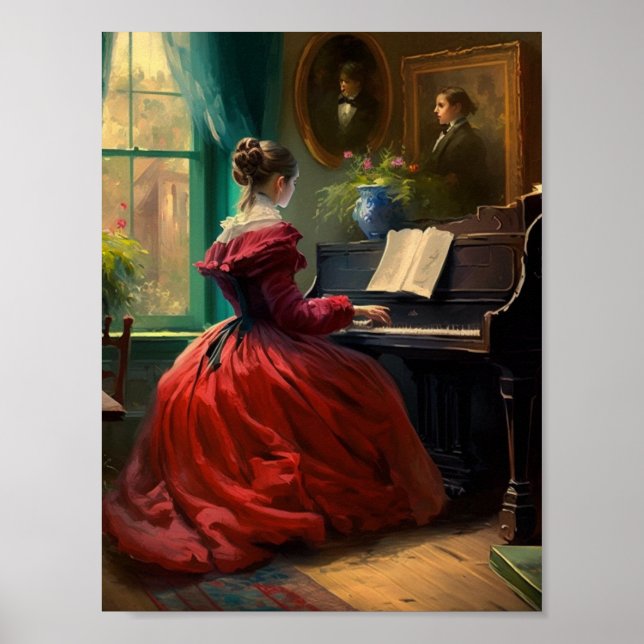 Victorian woman playing the piano, oil painting poster (Front)