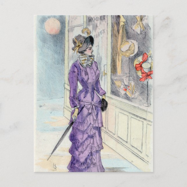 Victorian Woman Purple Dress Window Shopping Postcard (Front)