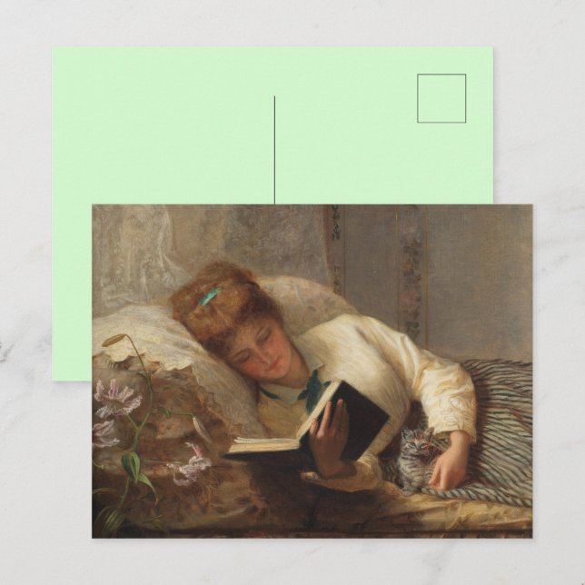 Victorian Woman Reading Holding Kitten Postcard  (Front/Back)