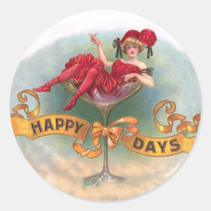 Victorian Woman Red Champagne Happy Classic Round Sticker
