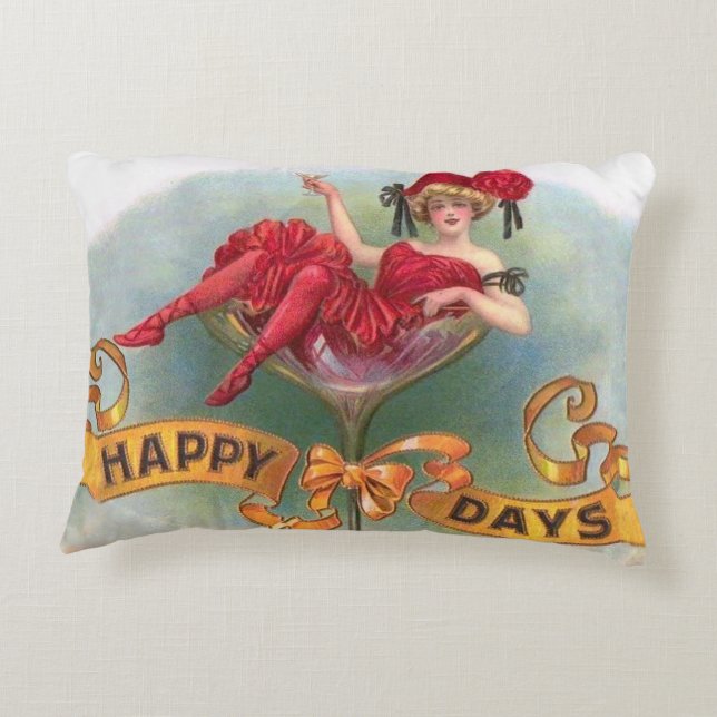 Victorian Woman Red Champagne Happy Decorative Cushion (Back)
