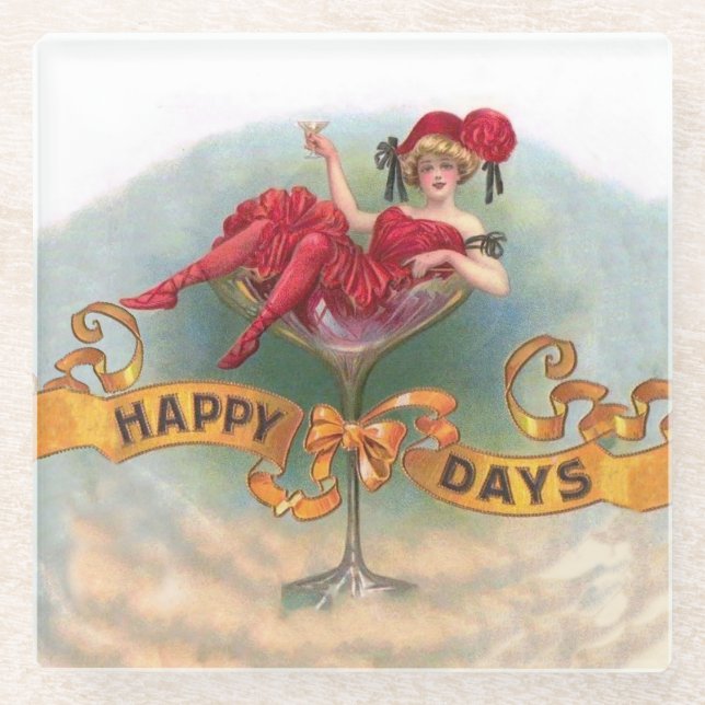 Victorian Woman Red Champagne Happy Glass Coaster (Front)