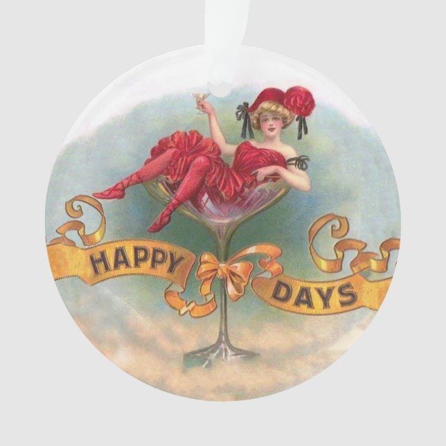 Victorian Woman Red Champagne Happy Ornament (Front)