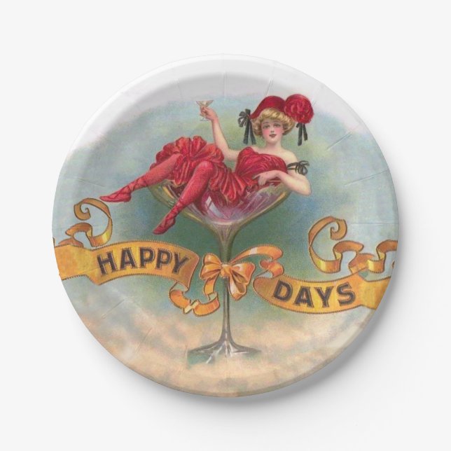 Victorian Woman Red Champagne Happy Paper Plate (Front)