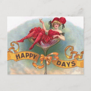 Victorian Woman Red Champagne Happy Postcard