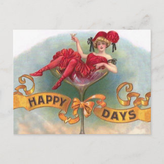Victorian Woman Red Champagne Happy Postcard