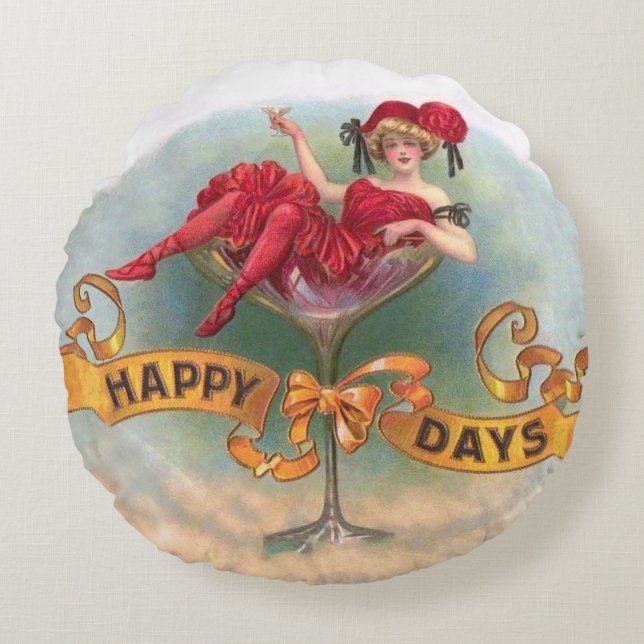 Victorian Woman Red Champagne Happy Round Cushion (Front)