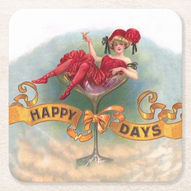 Victorian Woman Red Champagne Happy Square Paper Coaster (Front)