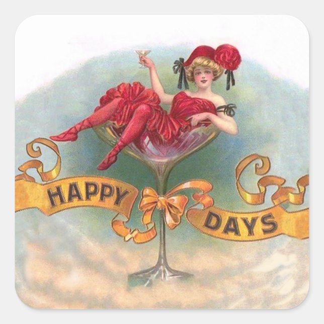 Victorian Woman Red Champagne Happy Square Sticker (Front)