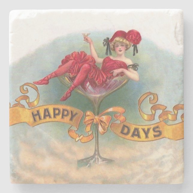 Victorian Woman Red Champagne Happy Stone Coaster (Front)
