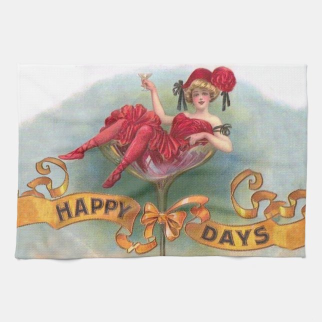 Victorian Woman Red Champagne Happy Tea Towel (Horizontal)