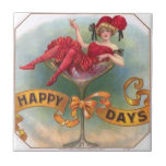 Victorian Woman Red Champagne Happy Tile<br><div class="desc">Victorian Woman in Red Celebrating in Champagne Glass - "Happy Days" is certainly broadcast loud and clear in this funny vintage cigar advertising piece. The little woman somehow ended up having her cocktail while sitting inside a rather large Champagne glass. The advertisement came out in 1909, and is certainly a...</div>