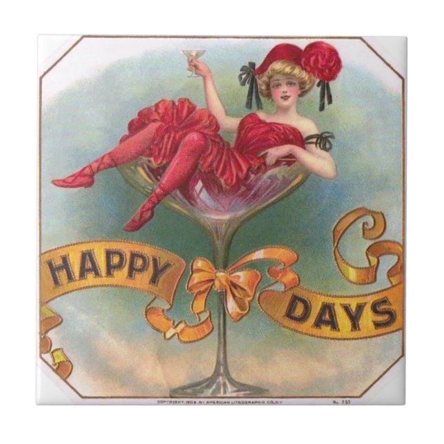 Victorian Woman Red Champagne Happy Tile (Front)