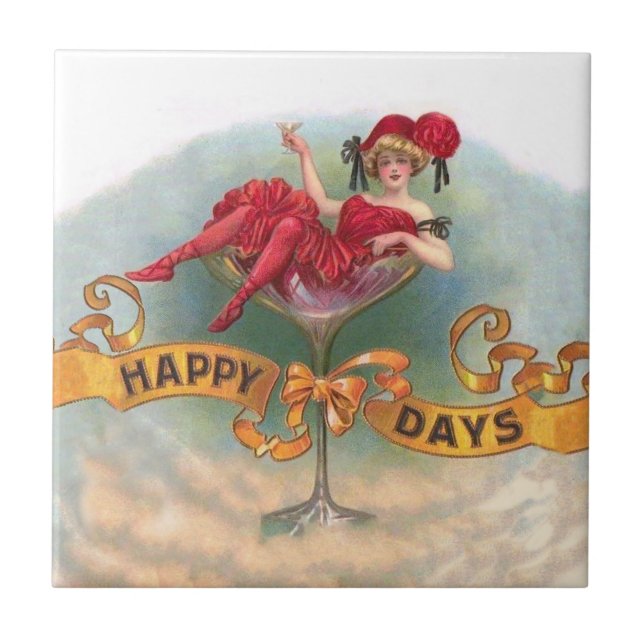 Victorian Woman Red Champagne Happy Tile (Front)
