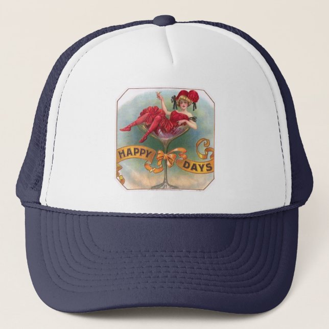 Victorian Woman Red Champagne Happy Trucker Hat (Front)
