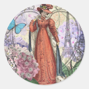 Victorian Woman Red Girl Classy Colourful Classic Round Sticker