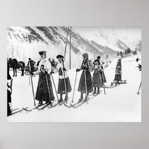 Victorian Woman Skiers, Black and White Vintage Poster