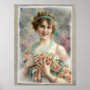 Victorian Woman w/ Roses on Watercolor Background Poster