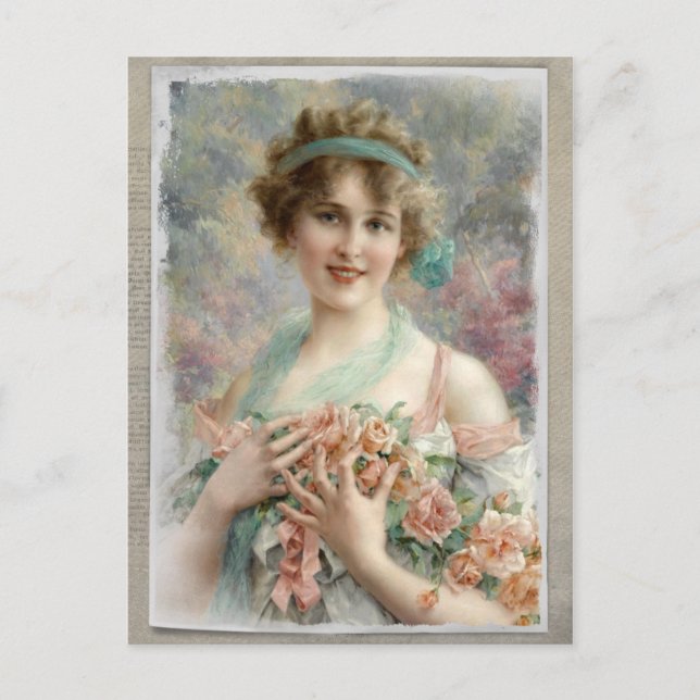 Victorian Woman w/ Roses on Watercolor Postcard (Front)