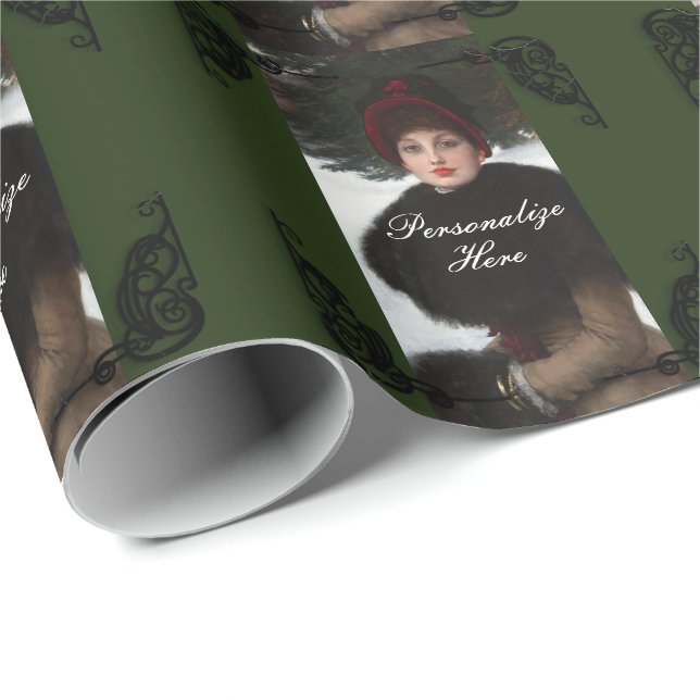 Victorian woman winter scene portrait green black  wrapping paper (Roll Corner)