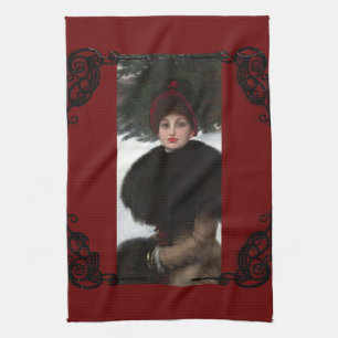 Victorian woman winter scene portrait vintage tea towel