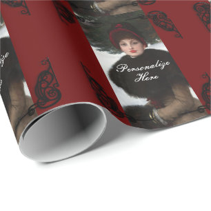 Victorian woman winter scene portrait vintage wrapping paper