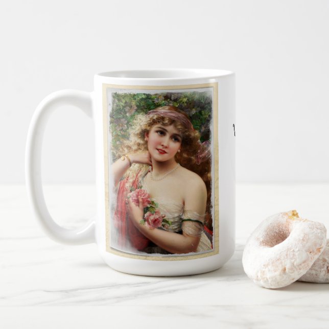 Victorian Woman with Pink Roses Coffee Mug (With Donut)