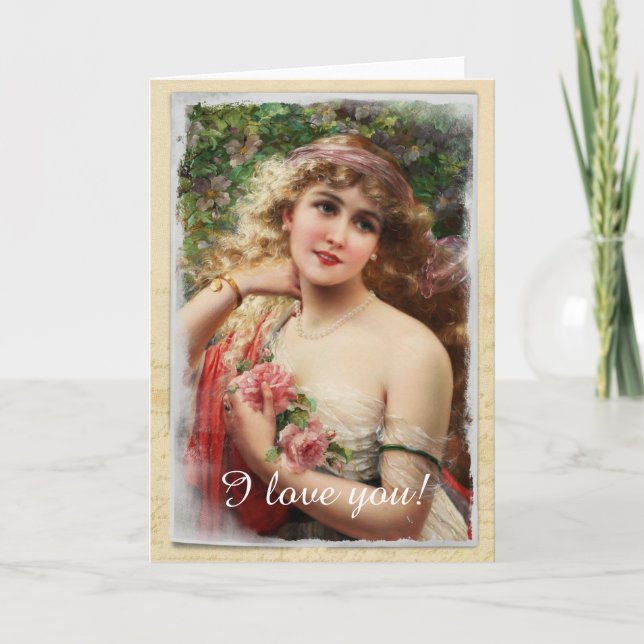 Victorian Woman with Pink Roses Greeting Card (Front)