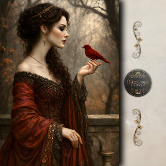 Victorian Woman with Red Bird Elegant Decoupage Tissue Paper