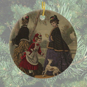 Victorian Women Girl & Dog On A Stroll Ceramic Tree Decoration