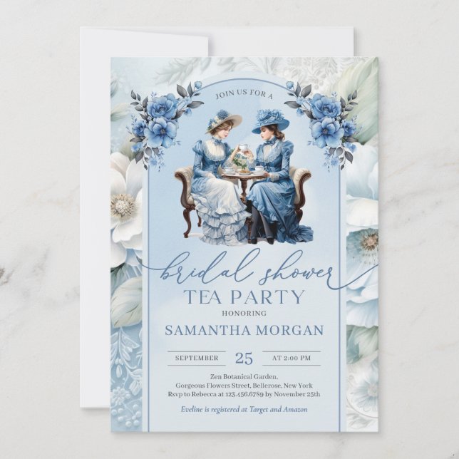 Victorian women navy and sage tea party Bridal Invitation (Front)