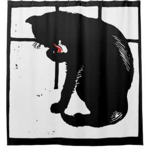 Victorian Woodcut Farm Animal Black Cat Shower Curtain