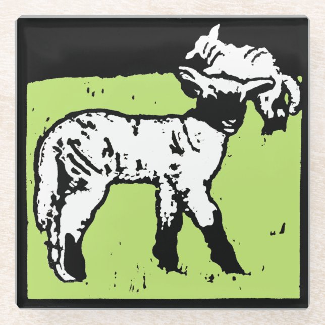 Victorian Woodcut Farm Animal Lambs Glass Coaster (Front)