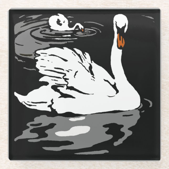 Victorian Woodcut Farm Animal Swans Glass Coaster (Front)