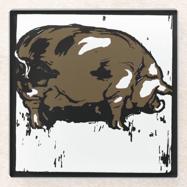 Victorian Woodcut Farm Animals Pigs Glass Coaster (Front)