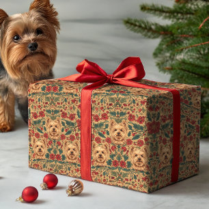 Victorian Yorkie Holiday Floral on Vintage Gold Wrapping Paper