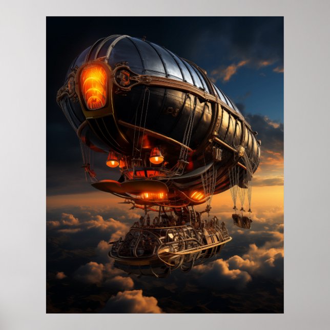 Victorian Zeppelin Sunset: Steampunk Fantasy Art Poster (Front)