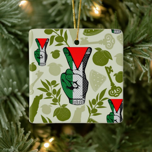 Victory Sign Hand Resistance Red Triangle Symbol Ceramic Ornament (Tree)